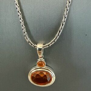 Silver Braided Chain with Amber Glass Color Oval Pendant 22”